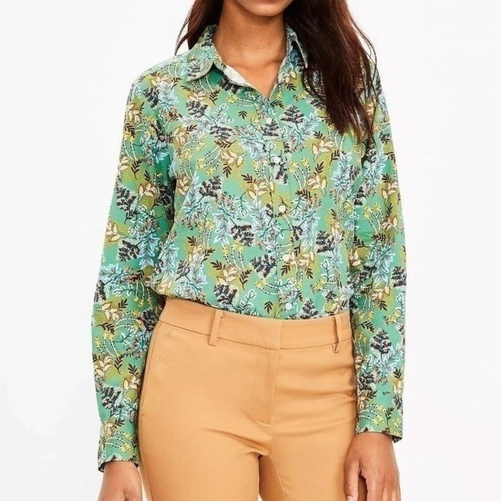 LOFT Shirt Womens Small Green Botanical Floral Button Front Long Sleeve Classic